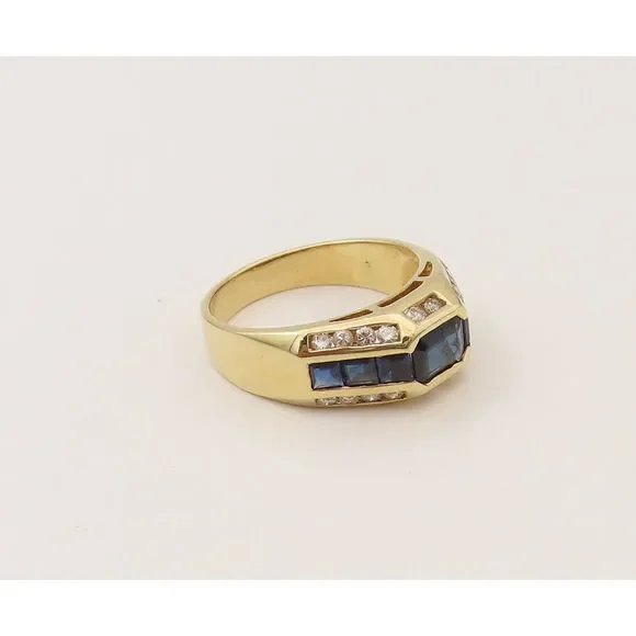 14K GOLD Vintage Lab Sapphire & Real Round Diamonds Dainty Ring Sz 6 GR652